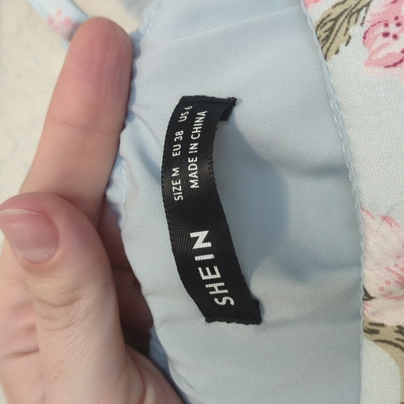 Shein MOD light blue pink ditsy floral lace up strapless mini dress - Picture 9 of 12